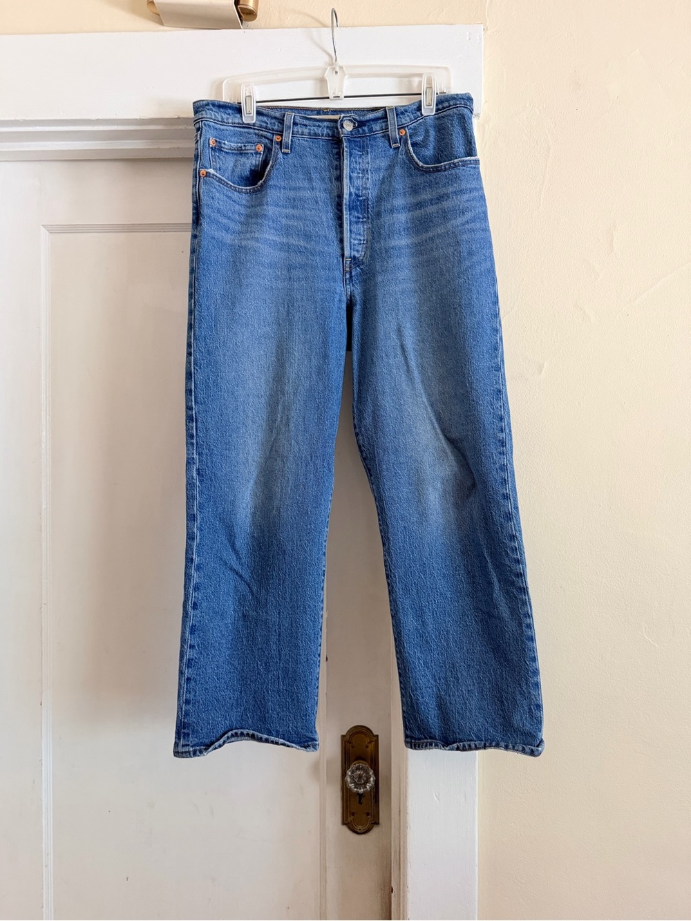 Levi's RibCage Straight Ankle Blue Denim Jeans with Brown Leather Patch